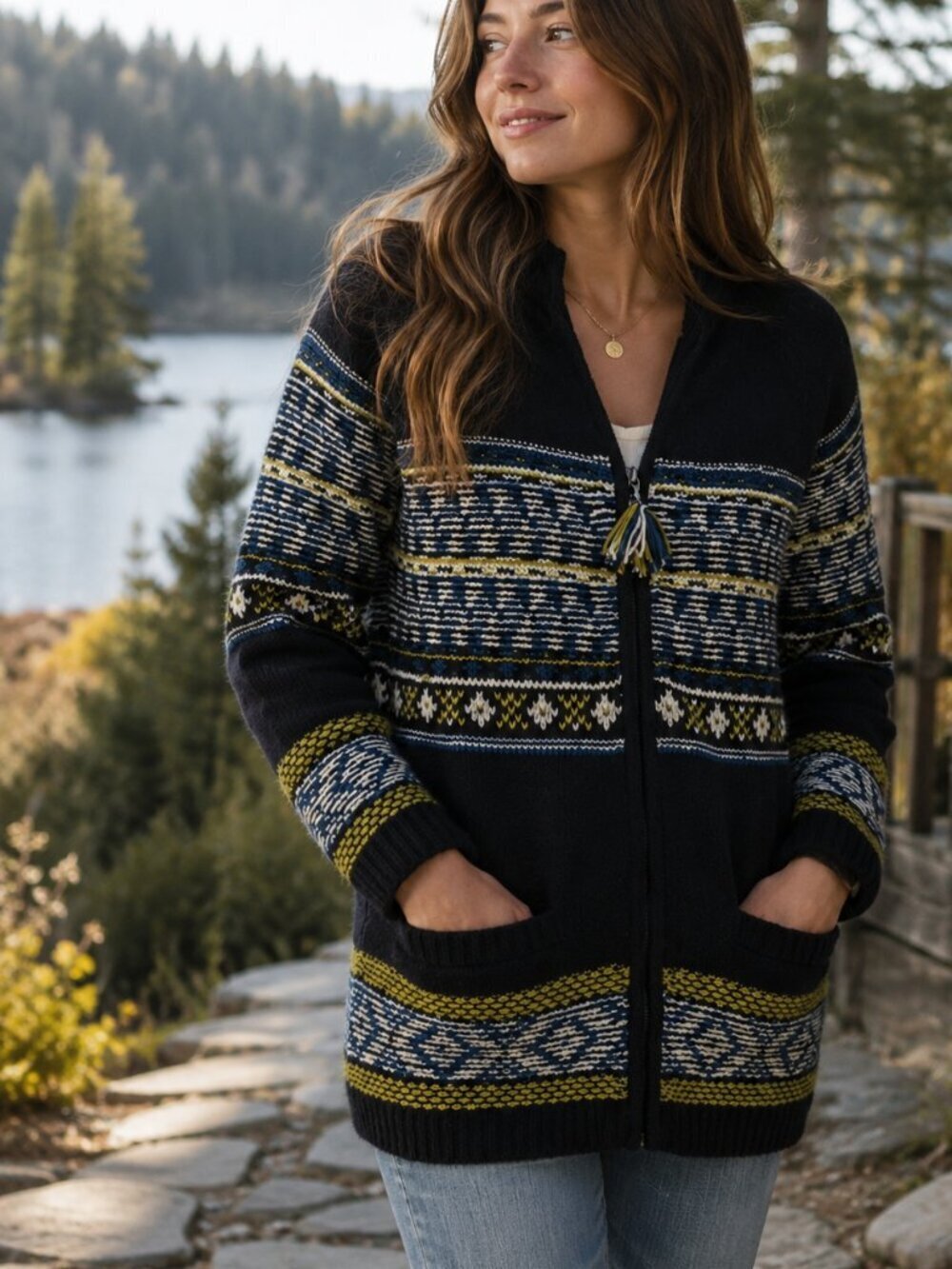 Anthropologie Sparrow Batley Fairisle  Black Multi Cardigan Sweater Coat Medium